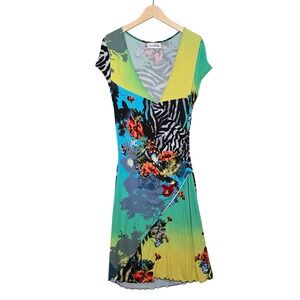 Vintage Joseph Ribkoff Dress Zebra Floral Mixed Print Ruched Faux Wrap Medium